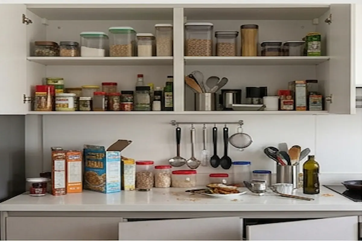 Cozinha desorganizada antes da organização profissional